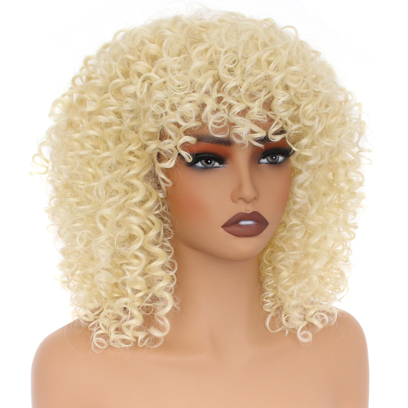PORSMEER 14 Inch Kinky Curly Wigs for Black Women Afro Bomb Curly Wig with Bangs Synthetic Fiber Glueless Long Deep Wave Hair (Blonde)
