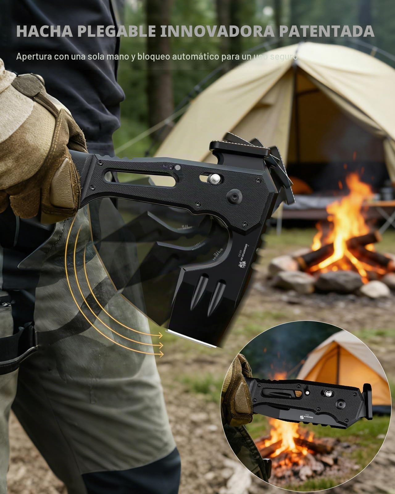 HX OUTDOORS Hacha Táctica Plegable Multiherramienta de Supervivencia, Hoja de Acero DC53 con Titanio Negro, Hacha de Camping con Martillo y Abrebotellas, Hacha Plegable con Mango G10