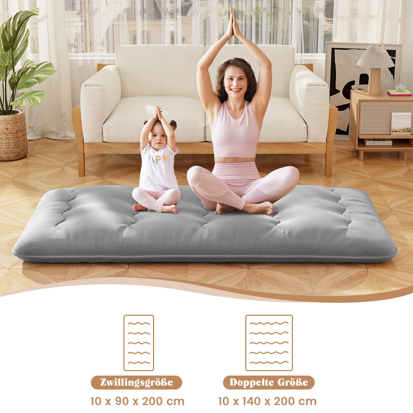 COSTWAY Japanische Futon Matratze, Tatami-Matte, Bodenmatratze, Klappmatratze mit waschbarem Bezug, Faltbare Schlafmatte mit Tragetasche, Beige, 90 x 200 cm (90 x 200 cm,Grau)