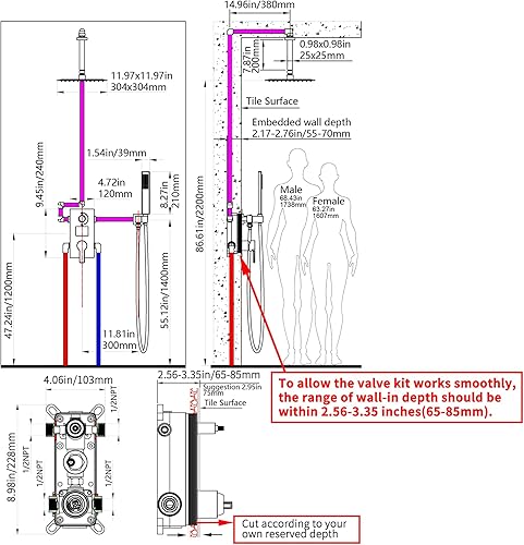 Miniatura 8 de SKOWLL Sistema de ducha de techo con cabezal de ducha digital, juego de grifo de ducha de 12 pulgadas con válvula de pantalla LCD de 2 funciones,