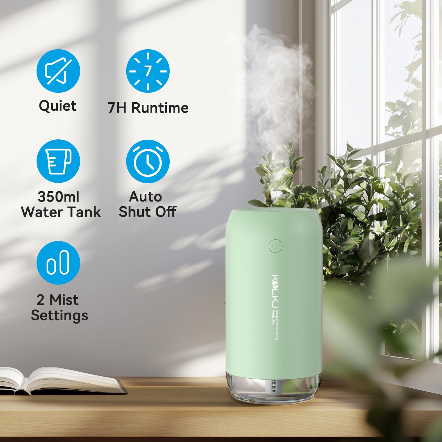 Przenośny mini nawilżacz, 350 ml, mały nawilżacz z zimną mgiełką, USB osobisty nawilżacz na biurko do sypialni, samochodu, biura, podróży z automatycznym wyłączaniem i 2 trybami mgły (zielony)