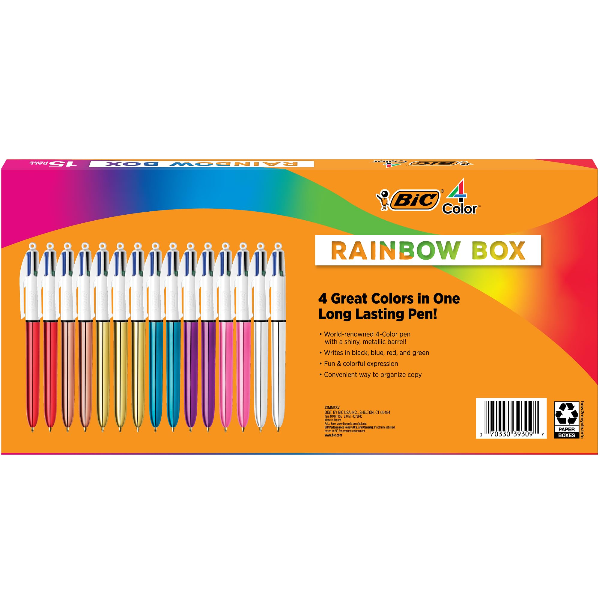 BIC Lot de 15 stylos à bille rétractables 4 couleurs Rainbow Shine, pointe moyenne (1 mm)