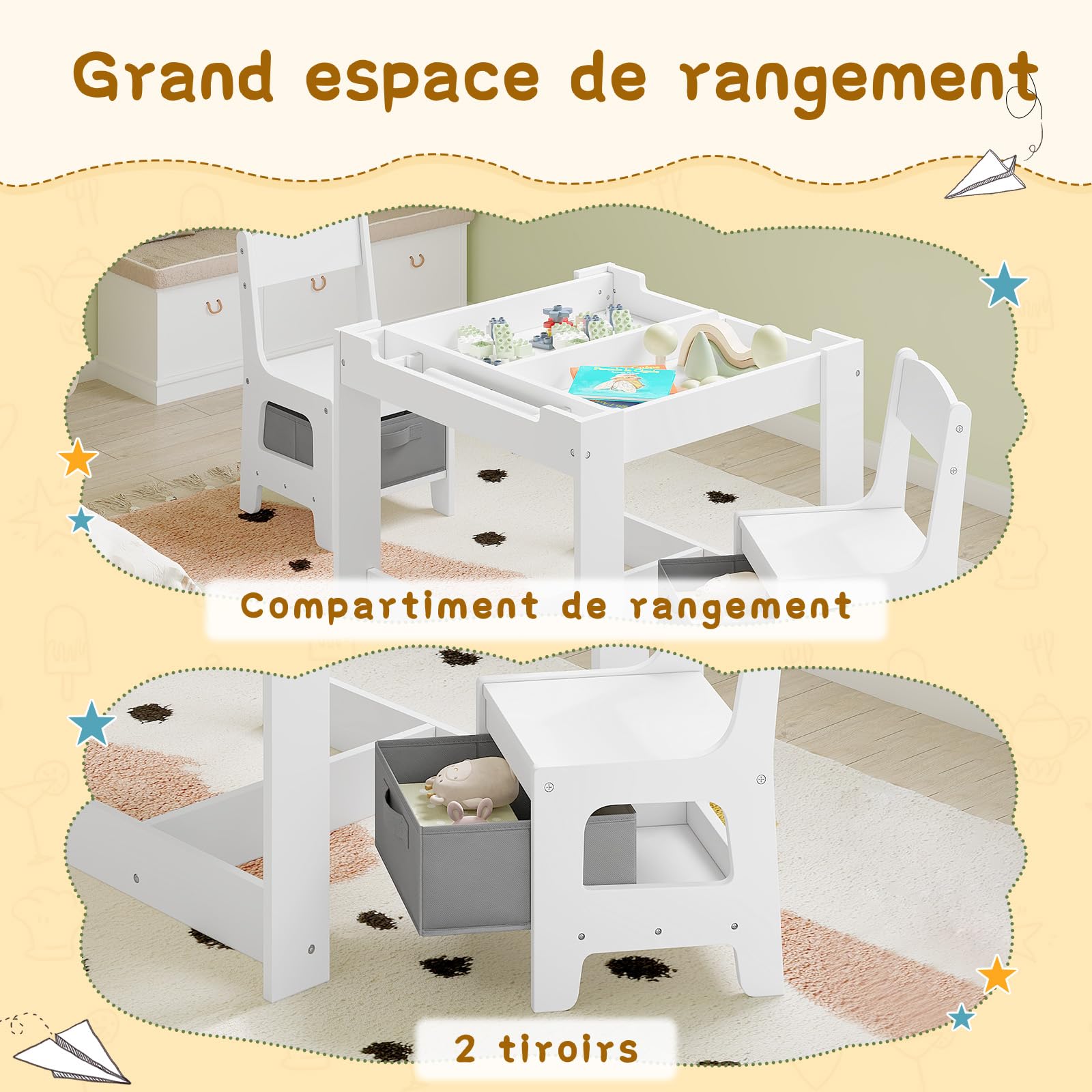 Lestarain 3 en 1 Table pour Enfants et 2 Chaises avec Tiroir de Rangement, Ensemble de Meuble Table d'activité avec Tableau Noir et Un Rouleau de Papier Amovible à Dessiner, Blanc