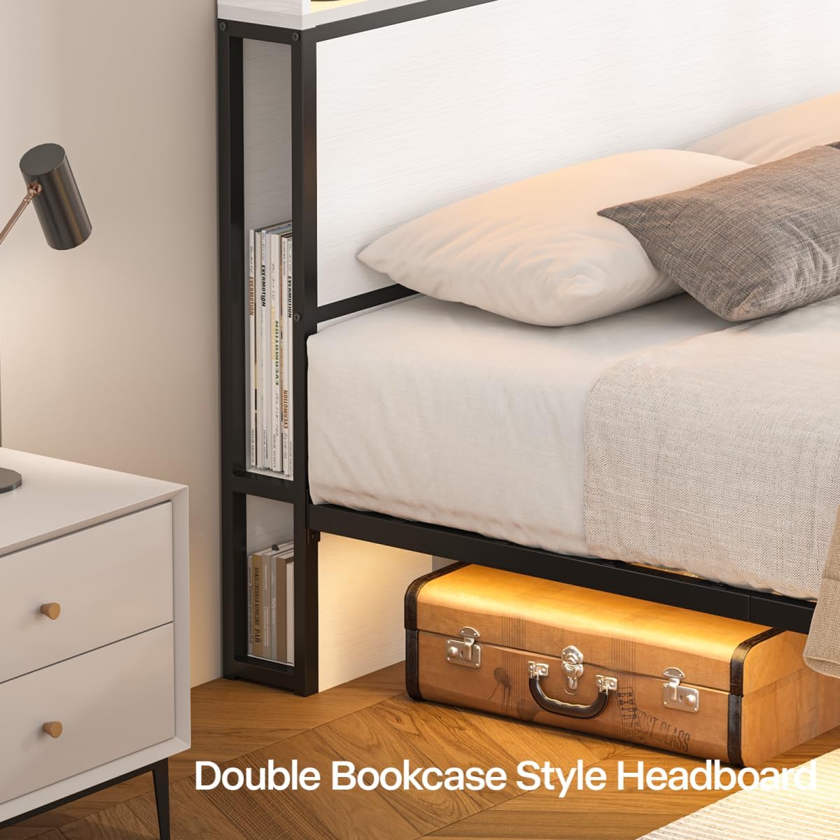 Queen Bed Frame with Tall Headboard and LED Lights, 51.2" Bookcase Bed Frame Queen Size with Storage Drawers and Charging Station, Platform Metal Bed Frames No Box Spring Needed, Antique White