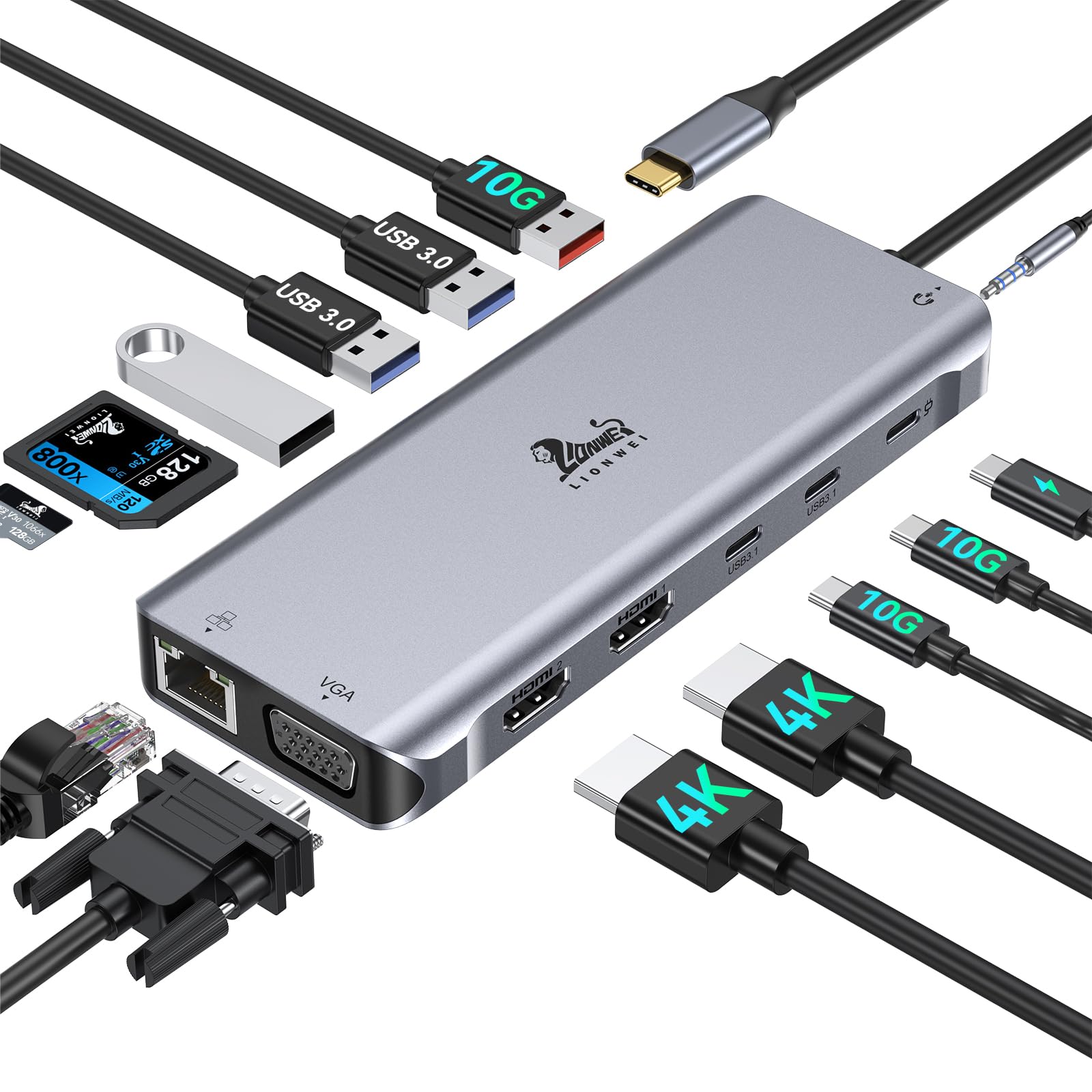 USB C Docking Station Dual HDMI USB-C Hub Dockingstation 3 Monitore Laptop Dock 2 HDMI Adapter 4K, VGA, PD 100W, 10Gbps USBC&USB A, Gigabit Ethernet, SD&TF, Audio&Mic für Dell, HP