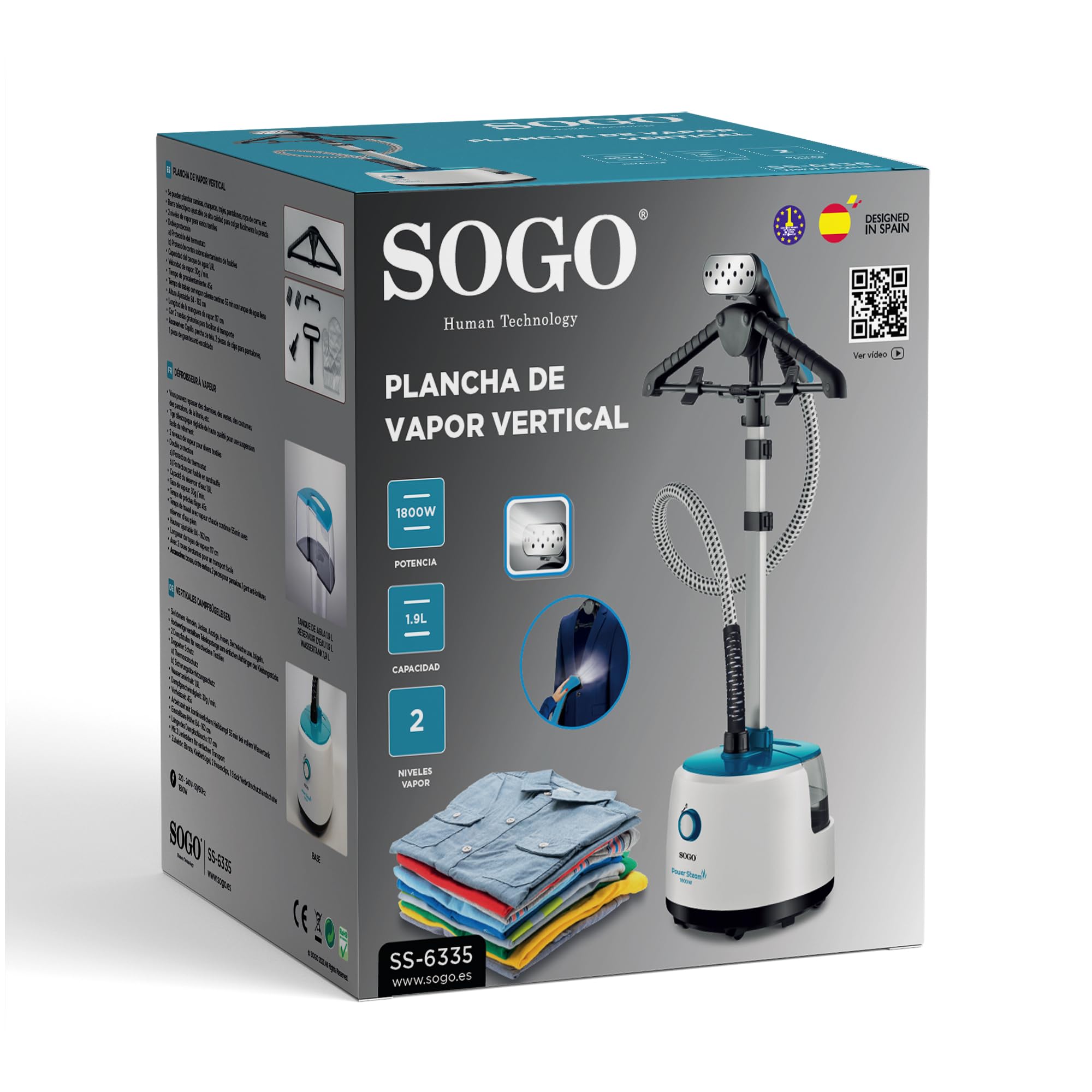 SOGO Plancha Vertical Vapor para Ropa con Perchero y Estante Telescópico 1900W y Capacidad de 1,9L – Plancha Ropa, Cortinas, Telas para Eliminar Arrugas - Plancha Vapor con Cepillo, Percha y Guante