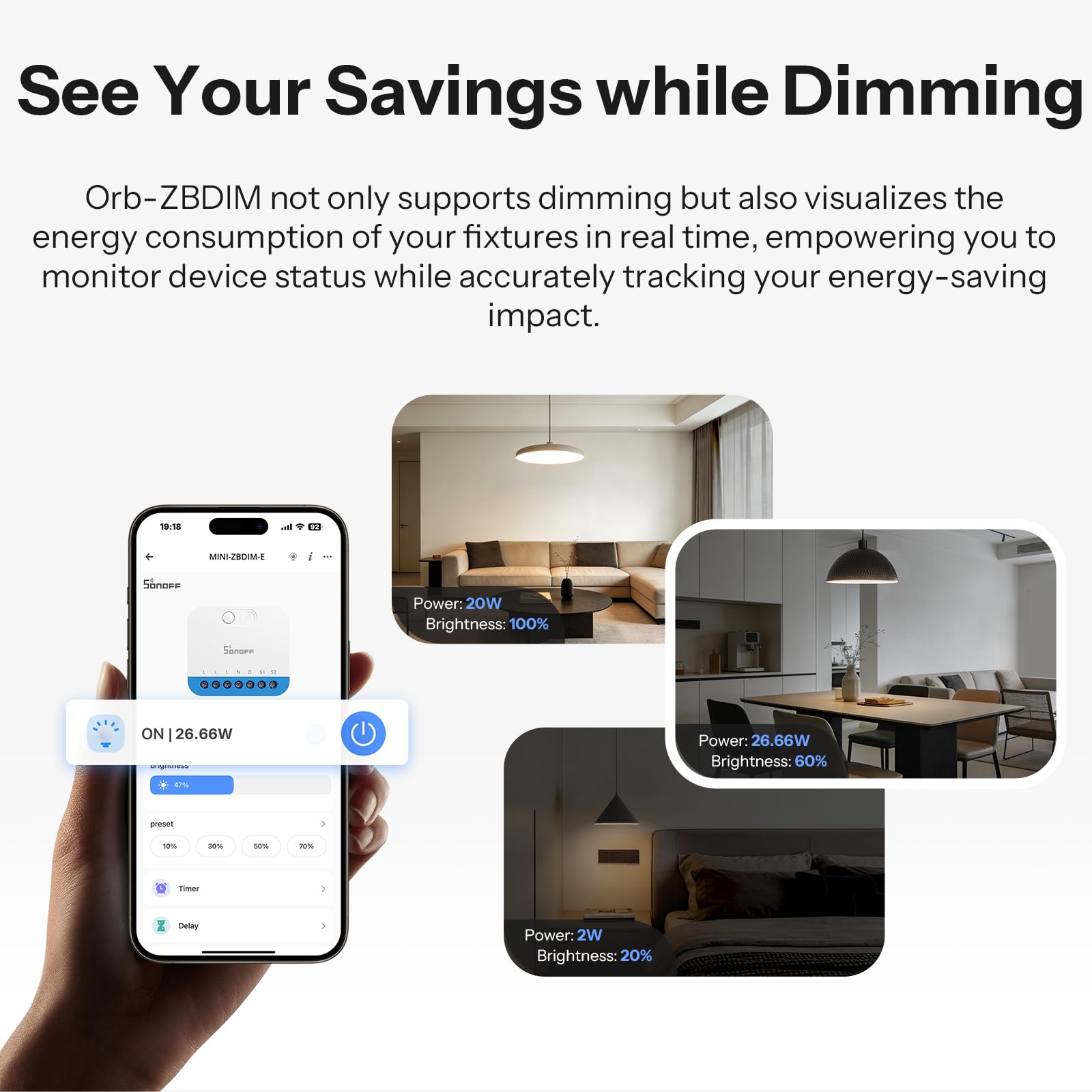 SONOFF Fusion, Orb-ZBDIM(MINI-ZBDIM-E), Zigbee Inteligentny Ściemniacz, Wymagany Przewód Neutralny, do ściemnialnych lamp LED/Żarowych/Halogenowych, Kompatybilny z Alexa i Google Assistant