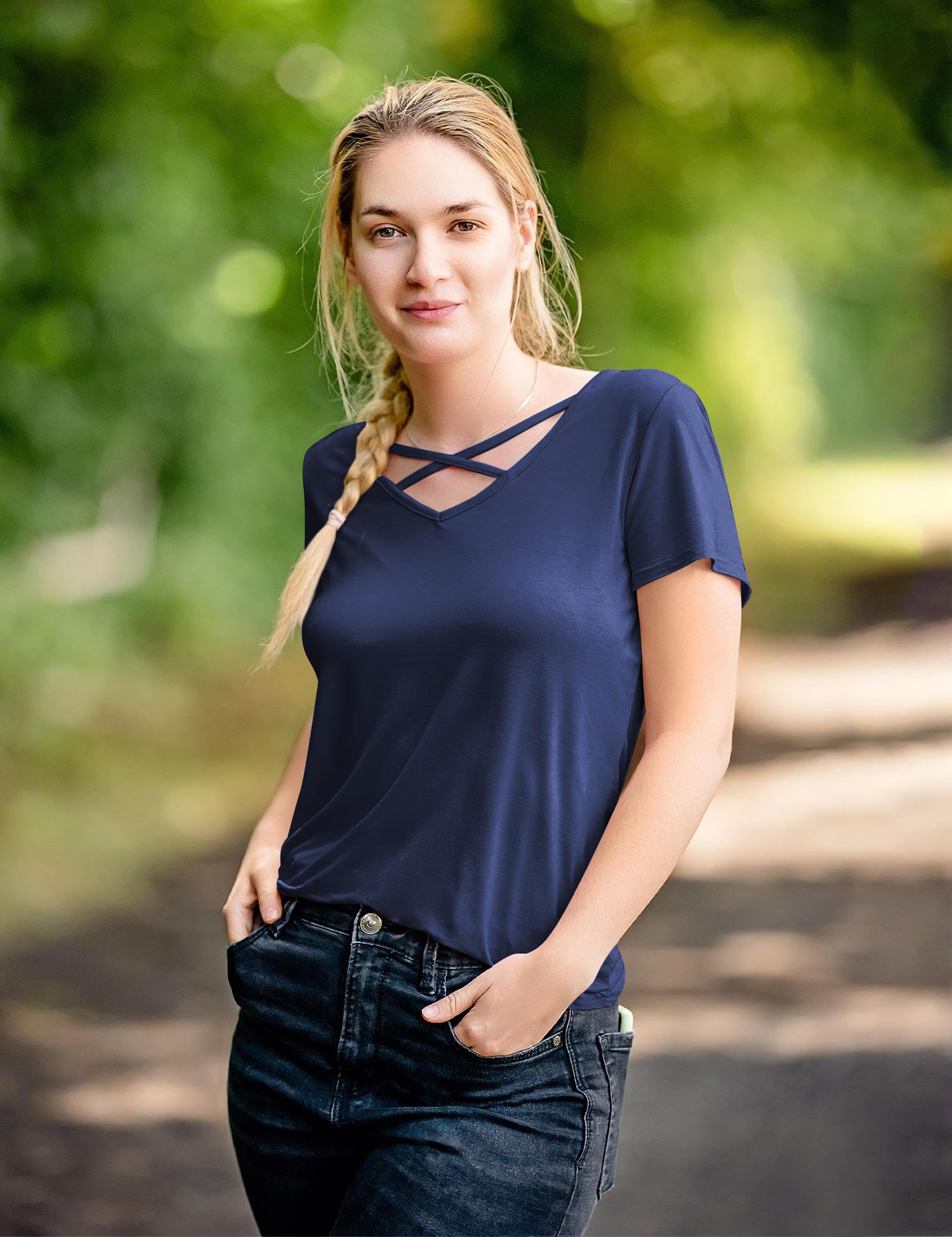 Amoretu Women's Basic V-Neck Tee | Summer Short Sleeve Curved Hem Blouse, Blue, Size L