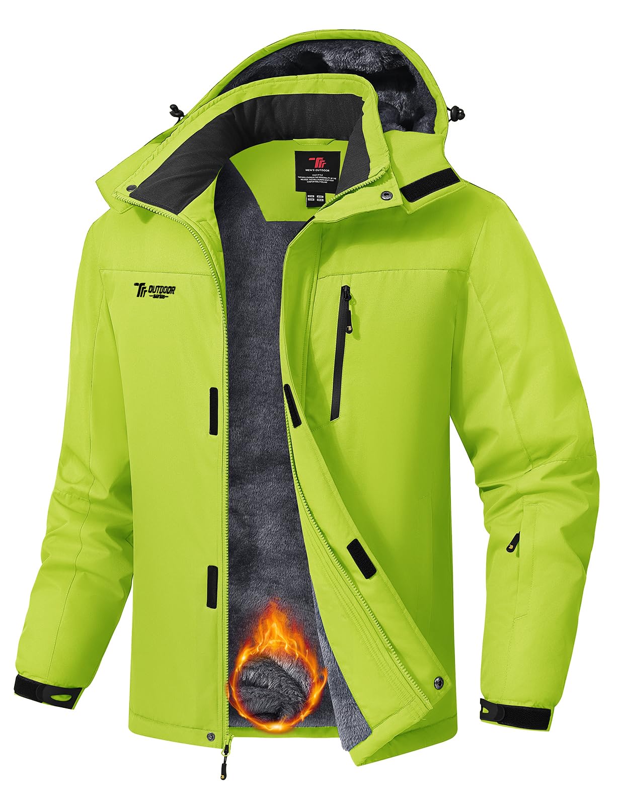 TBMPOY Men's Winter Snow Skiing Jackets Waterproof Fleece Lined Coats | 5 utility zip pockets(Arm‑mount ski pass pocket), insulated warmth, detachable hoodie, thermal, cold weather, windproof
