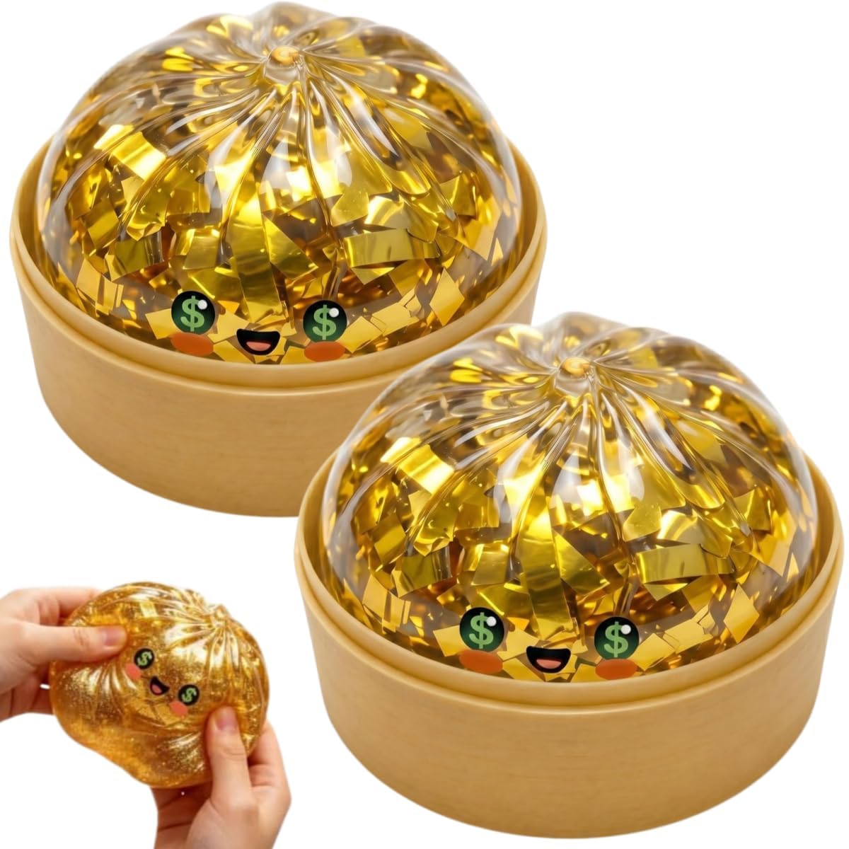 Dumpling Squishi Mystery Box, Glitter Dumplings Squishies Toy, Gold Squeeze Bao Bun Ball Stress Relief Hand Toys with Steamer, Shark Dough Fidget Sensory Toy (2pc-A)