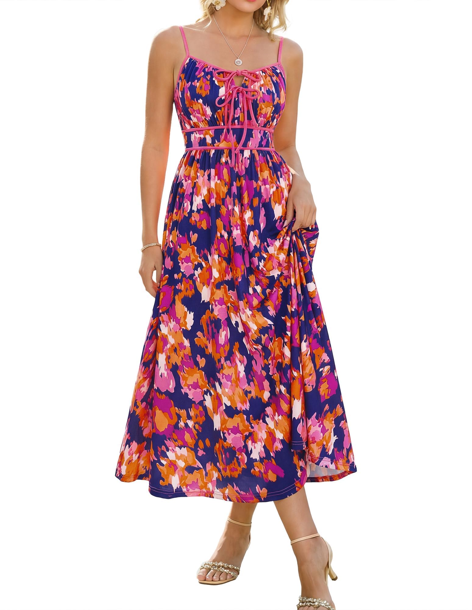 GRACE KARIN Damen Sommer Freizeitkleid A-Linie V-Ausschnitt Blumenkleid Ärmellos Strappy Floral Böhmisch Kleid Spaghetti Strap Flowy Beach Maxikleid Strandkleider Urlaub