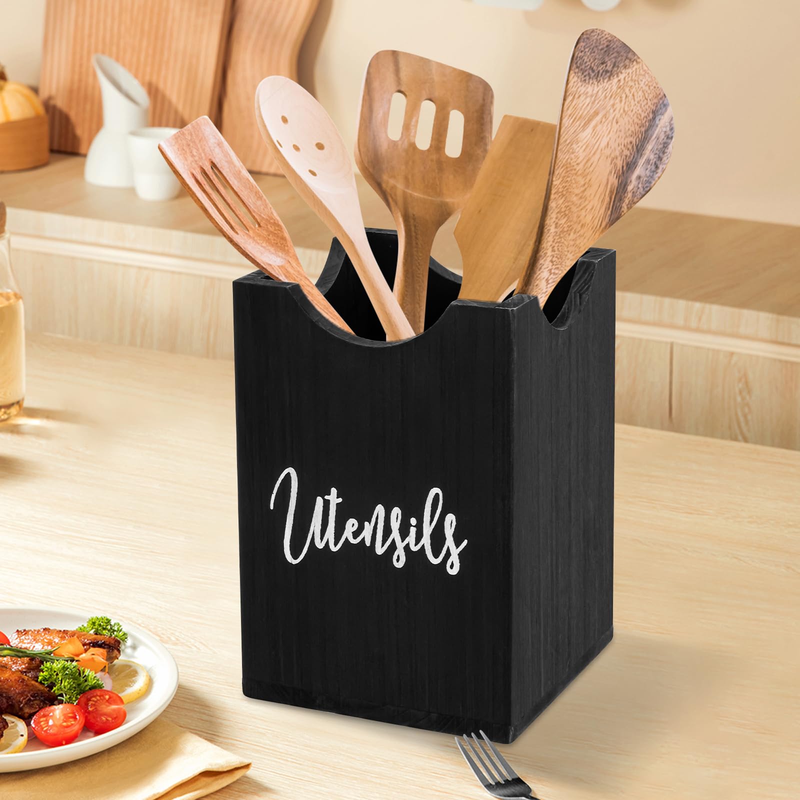Nzwbshssp Black Kitchen Utensil Holder Wooden Cutlery Holder For Wall And Countertop Storage Organizer Caddy Large Capacity Utensil Crock For Kitchen Cutlery Storage​(Black)