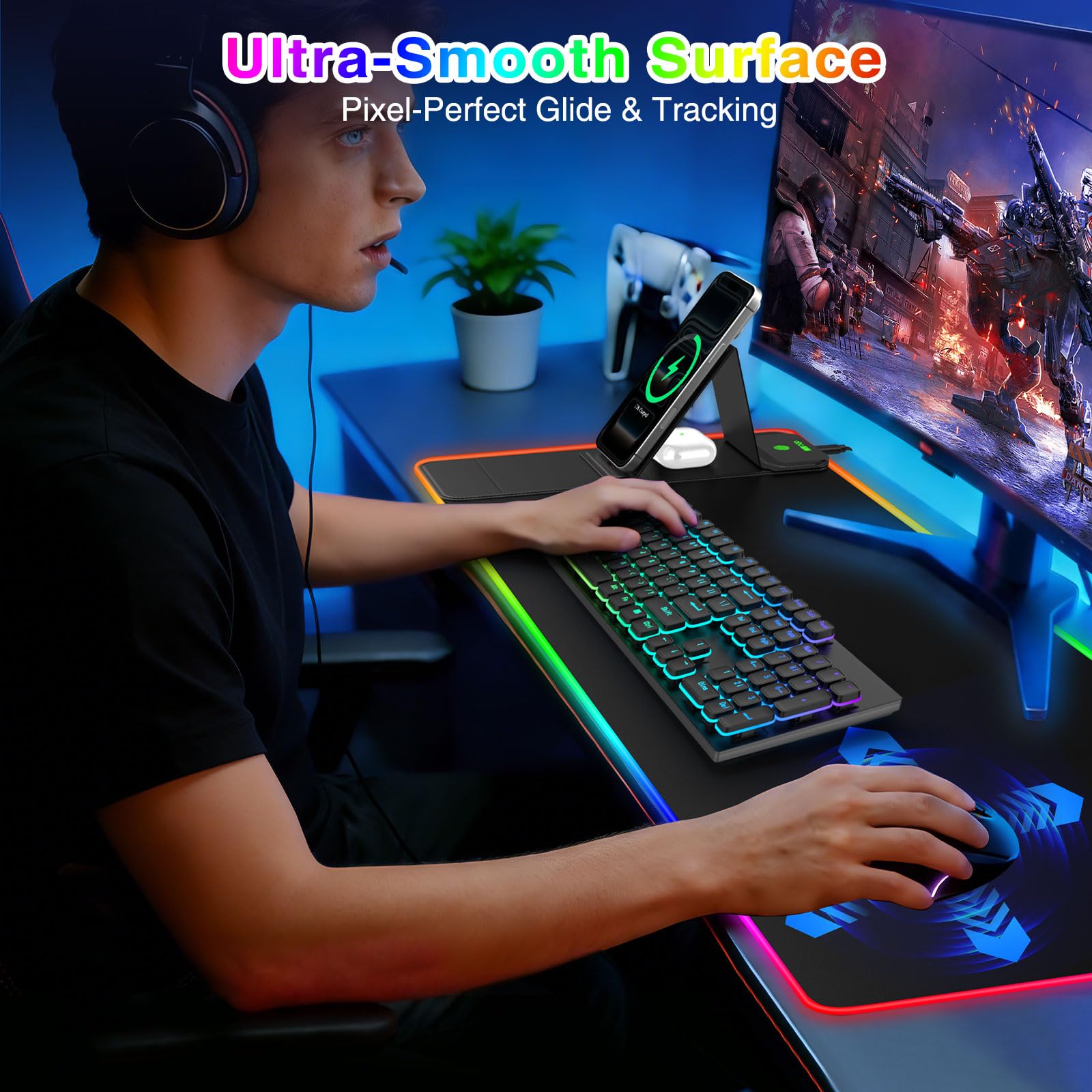 Tappetino per mouse da gioco XXL RGB LED con caricabatterie wireless magnetico e supporto pieghevole per telefono, 80 x 30 cm, tappetino da scrivania ultra liscio, 25 effetti di luce, base antiscivolo