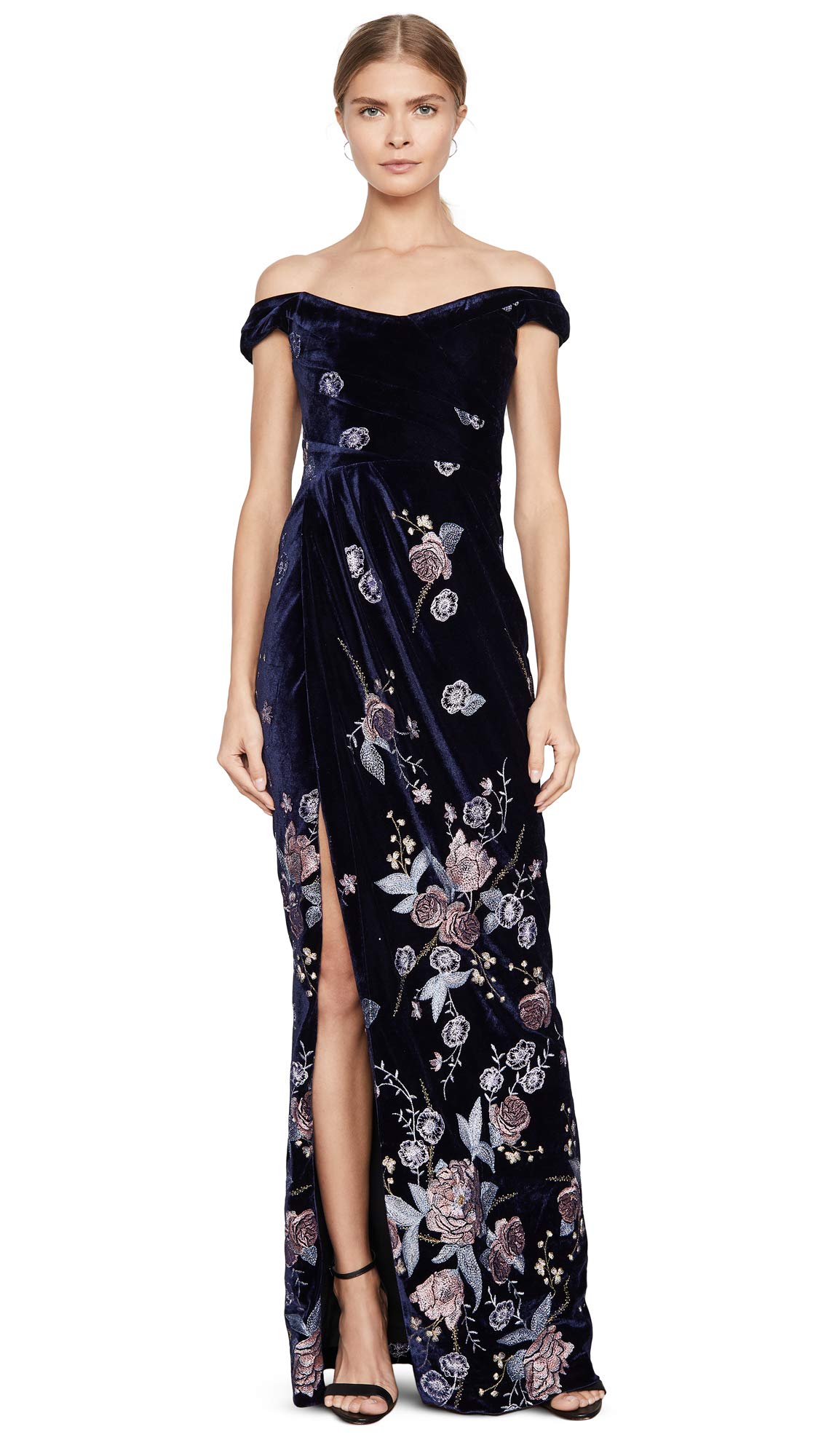 Marchesa Notte Womens Off The Shoulder Velvet Embroidered Gown