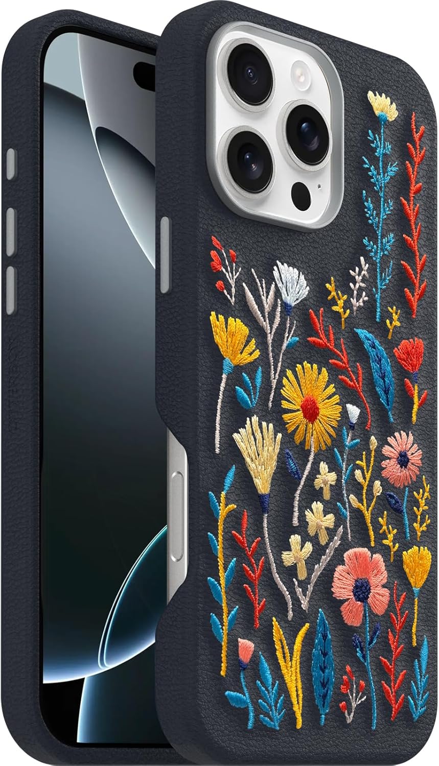 OtterBox iPhone 16 Pro Max Symmetry Series Cactus Leather Embroidery for MagSafe - Enchanted Garden Blue - Image 3