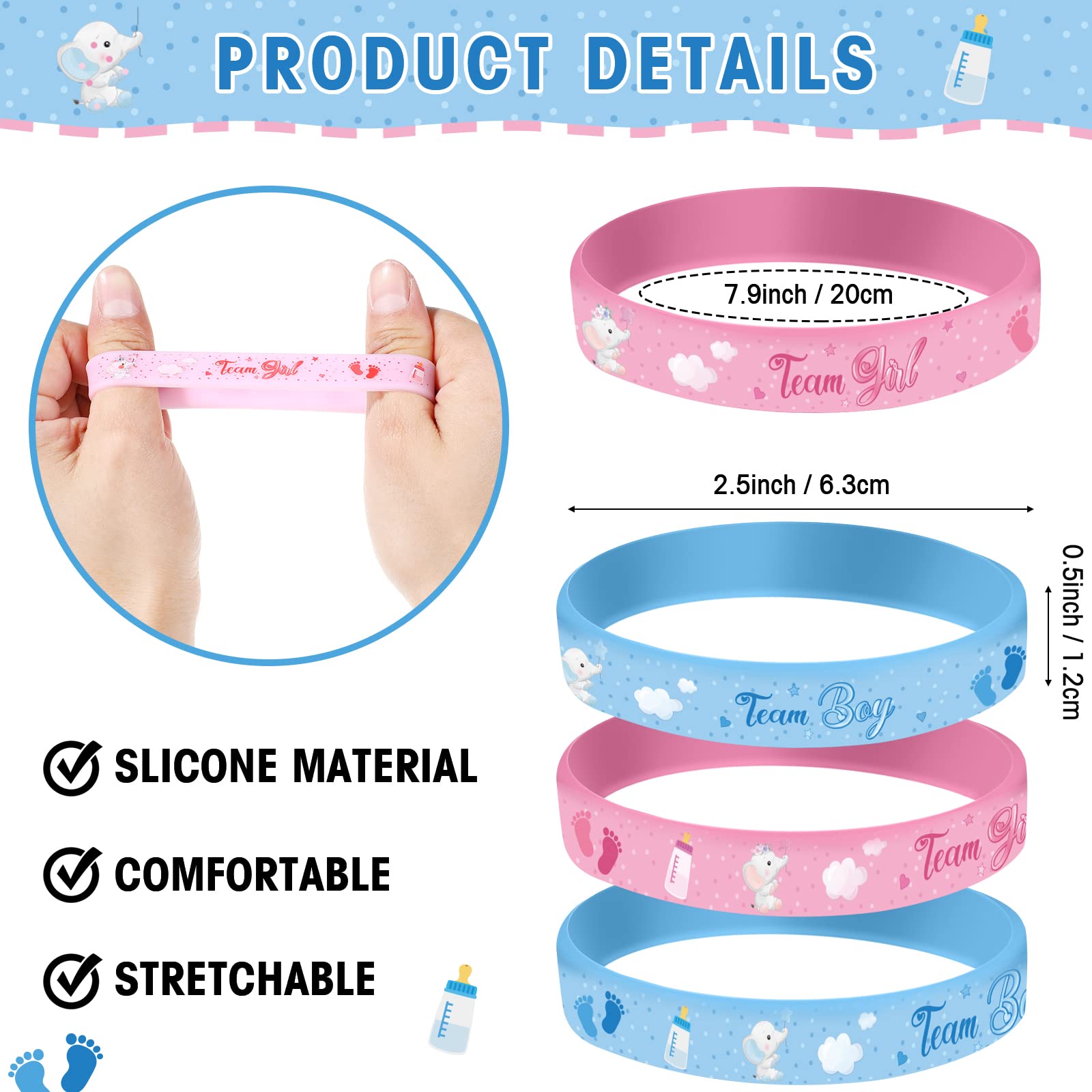 Set 48 Pezzi Per Gender Reveal - 24 Spille E 24 Braccialetti Team Boy/Girl, Per Baby Shower - Foto 3