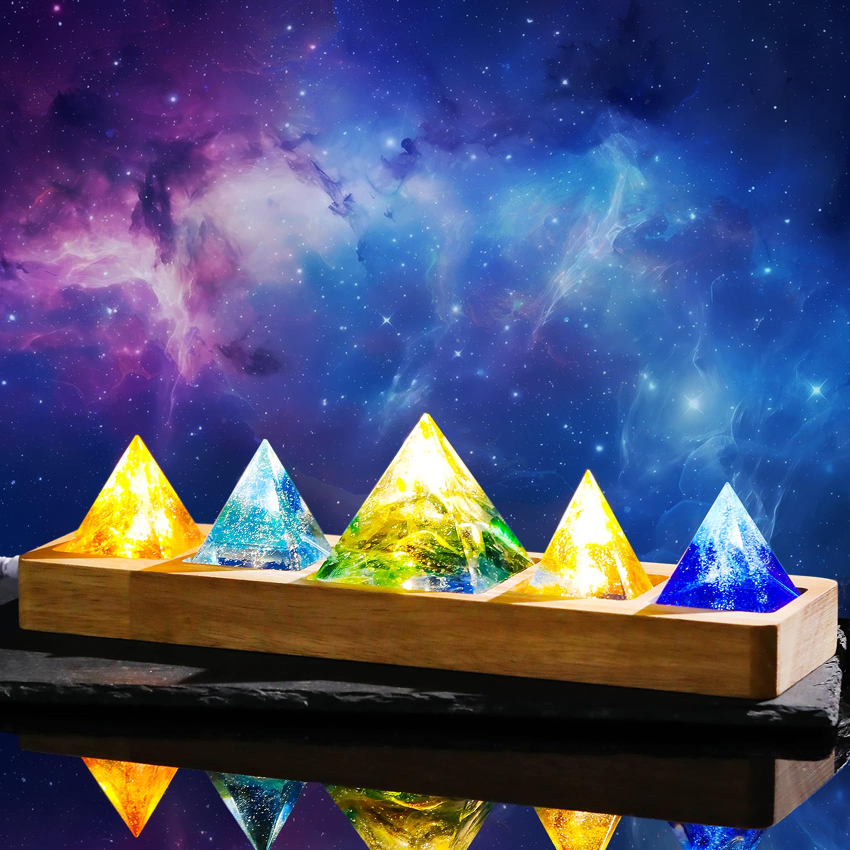 Ornalrist 5 Chakra Natural Healing Pyramid with Wooden LED Light Base Crystal Quartz Pyramid for Meditation, Positive Energy, Sleep, Spiritua Night