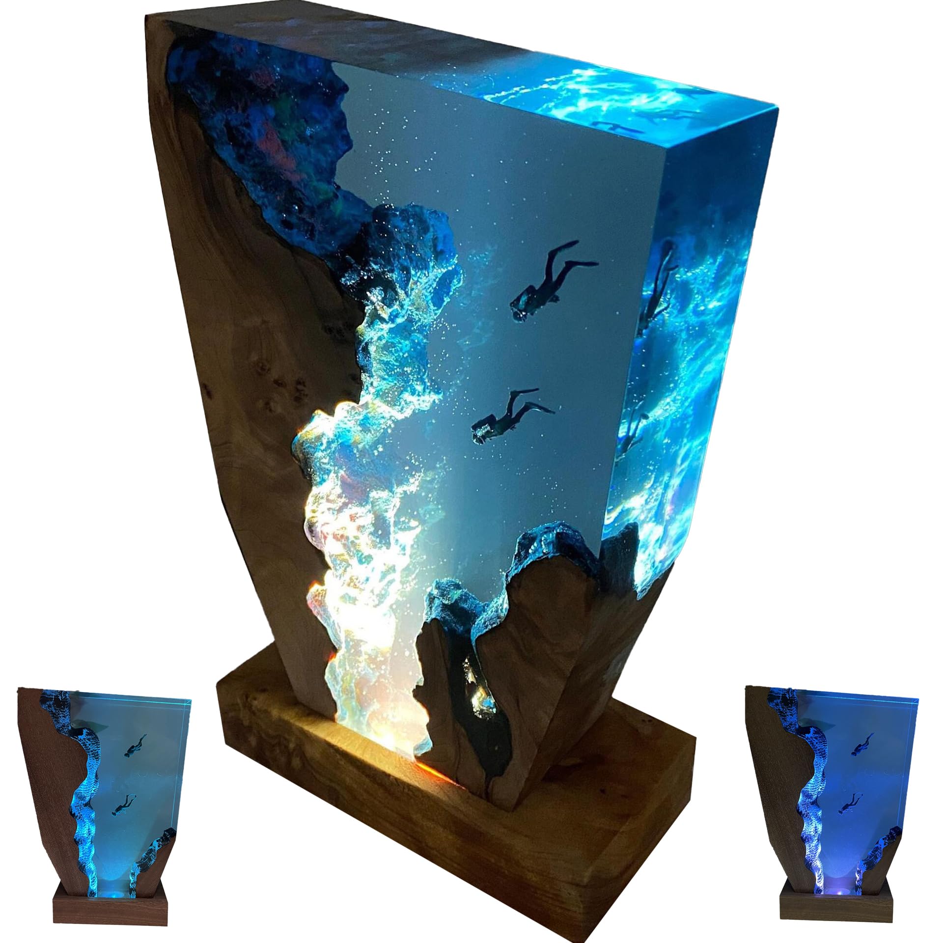 Epoxidharz Lampe Taucher 3D Acryl Lampe Taucher mit Sapelli-Holz Sockel Maritime Taucher Deko Lampe USB LED Nachtlicht aus Harz & Edlem Holz Geschenk für Tauchbegeisterte ，S
