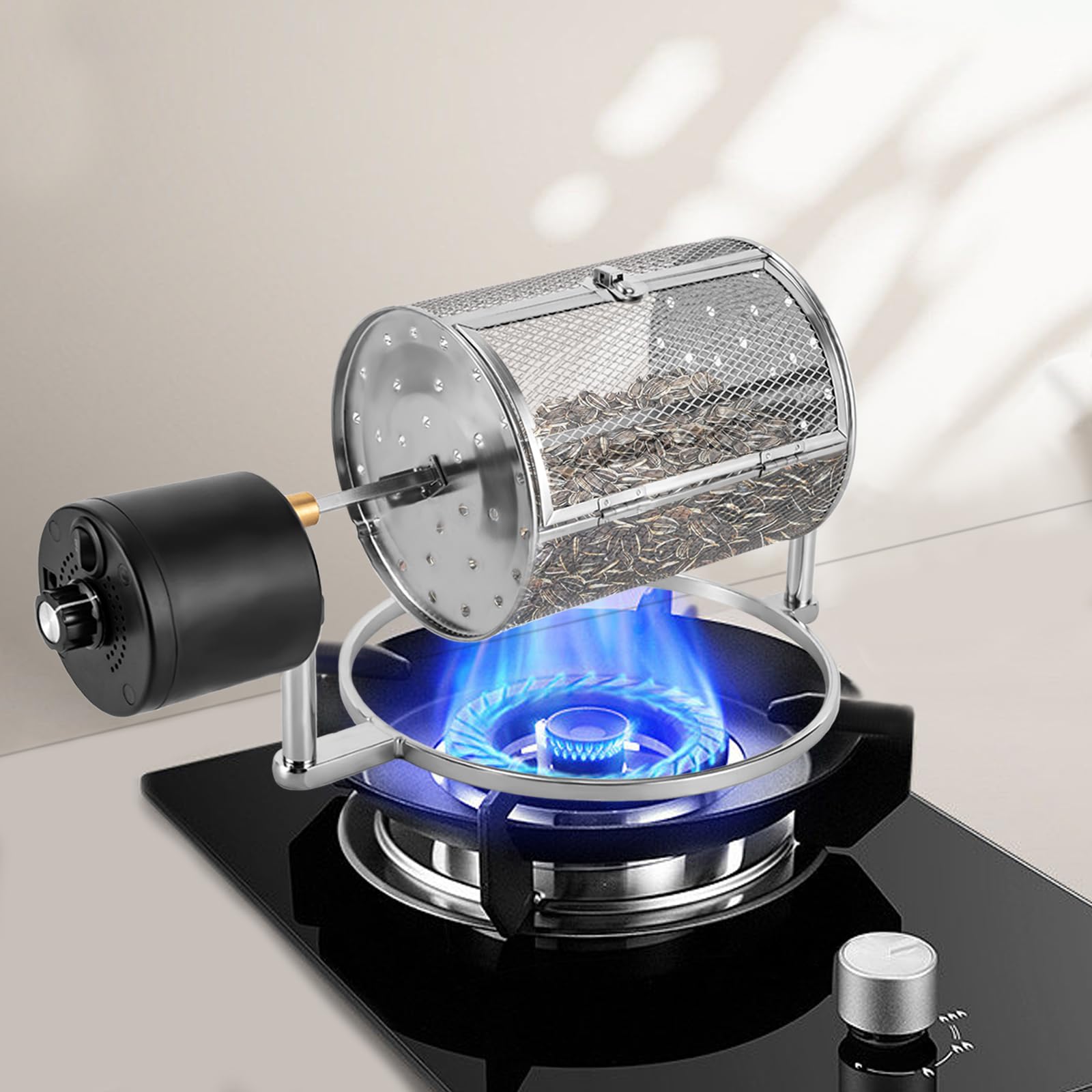 Home Coffee Roaster, Electric Coffee Bean Roaster Machine Speed Adjust 110V Stainless Steel Gas Burner Nuts Peanuts Baking Machine, 0.22-0.55 lbs Bean Roasting Machine