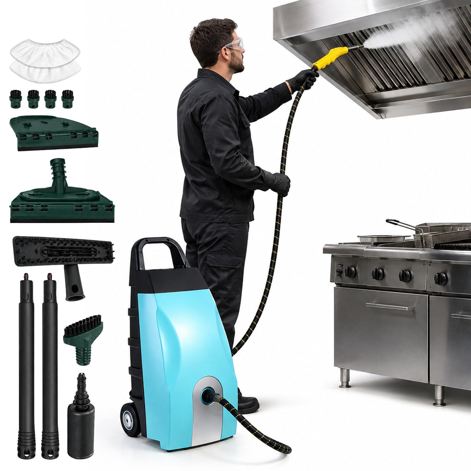 Pulitore a Vapore, 3000W, 4-5 Bar, Detailing Auto Blue | 3000W, vapore regolabile, tubo 2,5m | Auto, ruote, bocchette | Vapore forte per il detailing