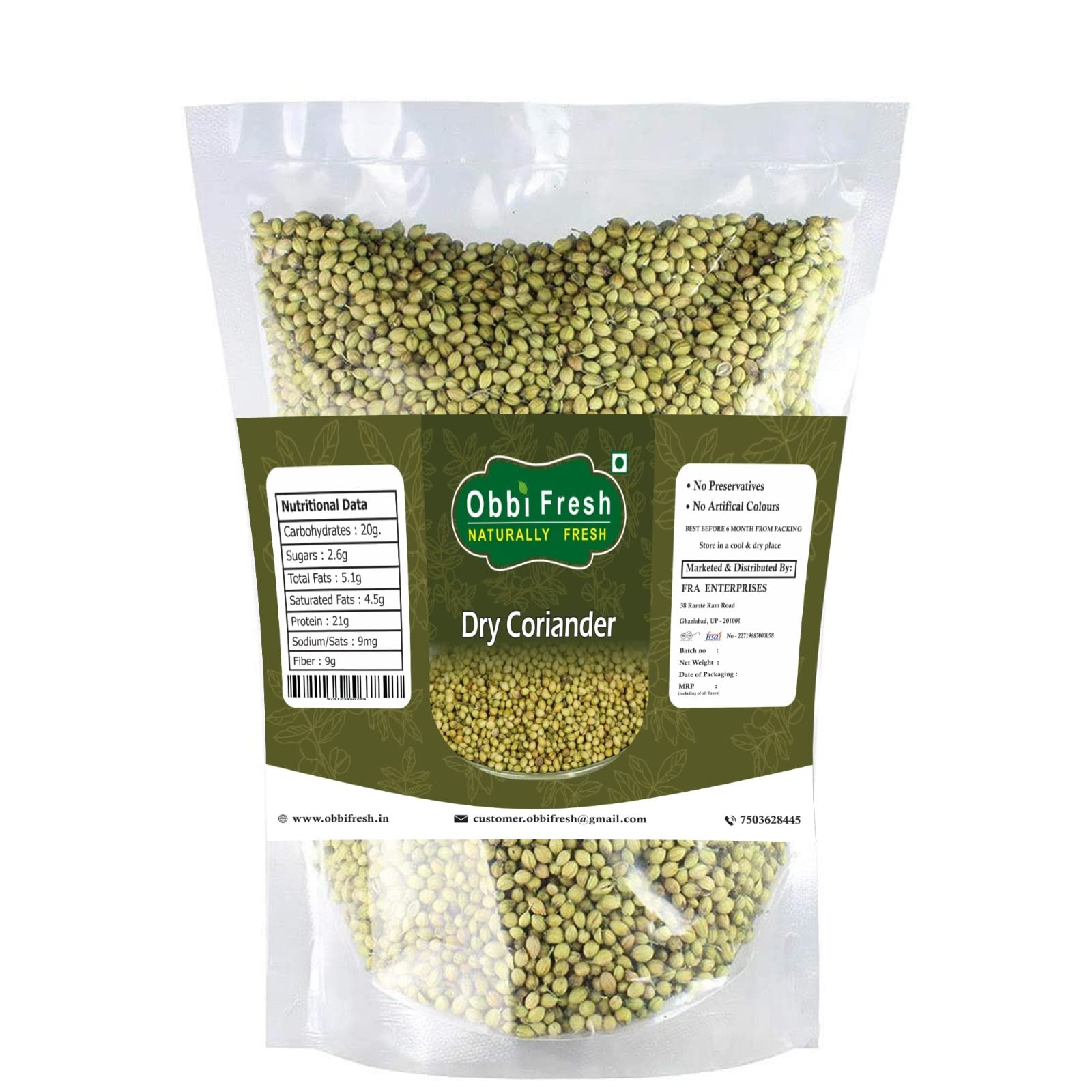 obbi fresh Coriander Green Dry Seeds Organic Whole 100% Pure (Dhaniya Sabut) 1 kg.by from only FRA Enterprise..