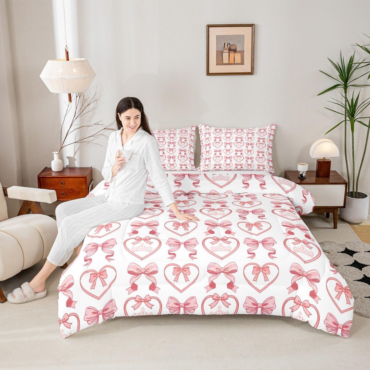 Feelyou Pink Bowknot Kids Comforter Set Twin Size Dreamy Princess Bedding Set Cute Bow Duvet Quilt for Kids Boys Girls Bedroom Love Heart Decor Microfiber Ultra Soft Breathable