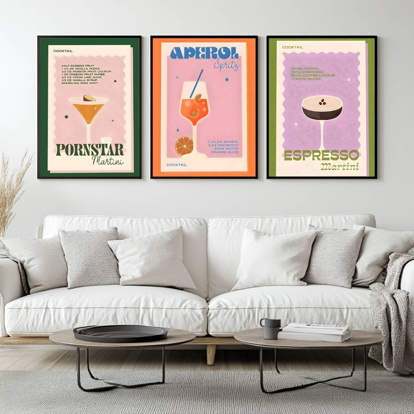 SET OF 3 PornstarMartini, Aperol Spritz, Espresso Martini Vintage Cocktail Print, Home Bar Display, Kitchen, Lounge, Ideal for Cocktail Lovers, A4 A3 Wall Art Decor (A3 - Set of 3 - Framed (Black))