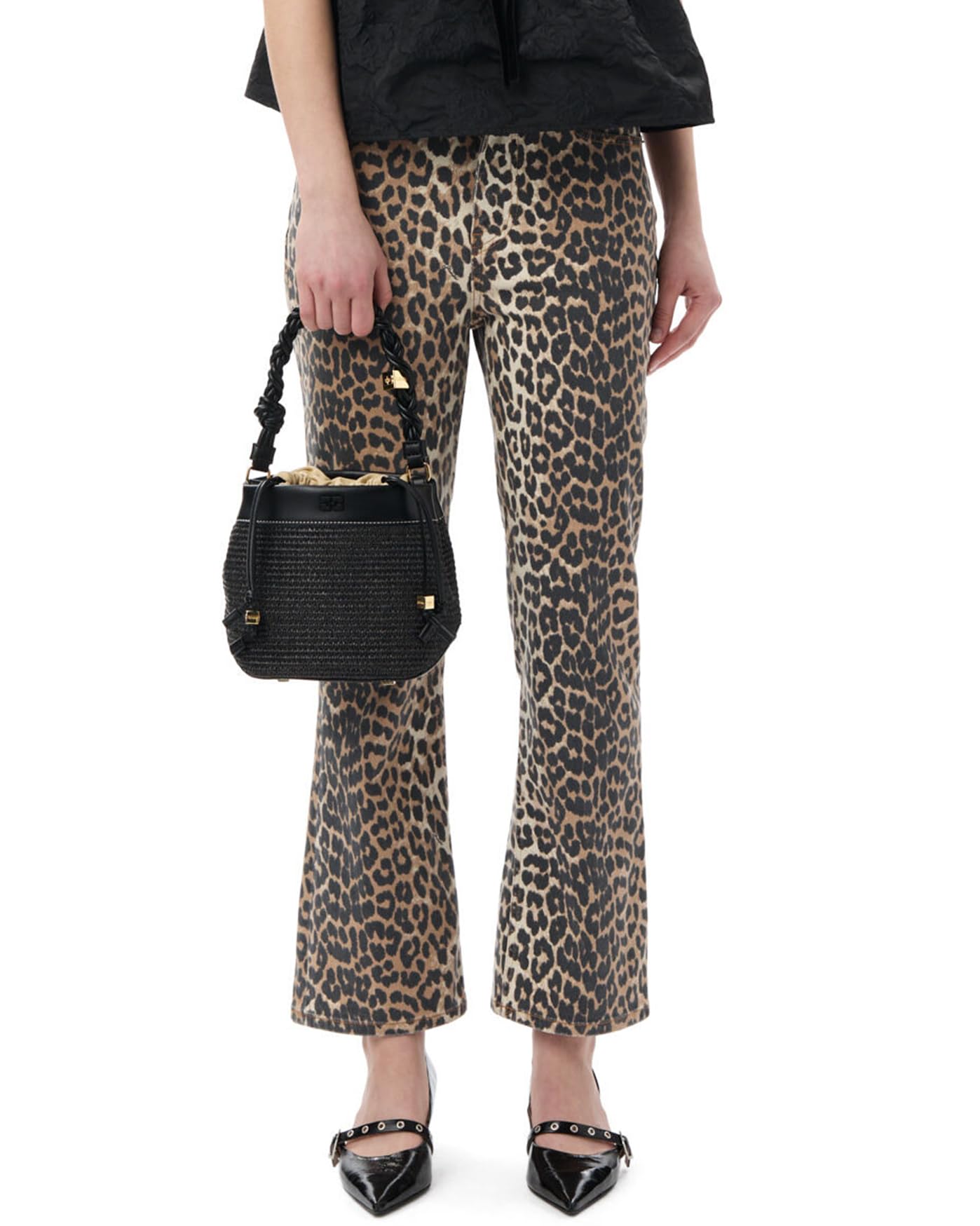 Womens Leopard Bell Bottom Jeans Cropped High Rise Stretchy Cheetah Print Demin Pants
