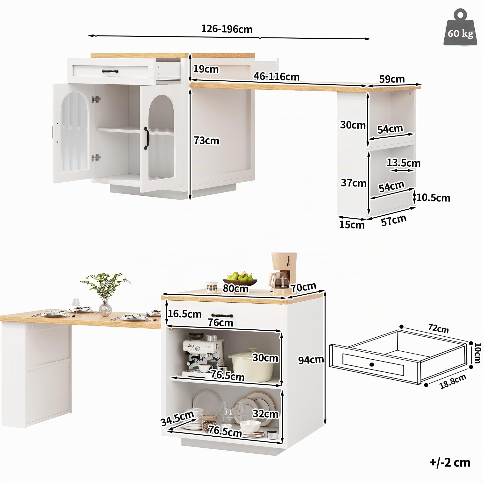 Isla de cocina extensible con iluminación LED, armario de cocina moderno con 2 cajones y estantes ajustables, aparador con puertas de cristal estriadas, encimera de cocina de MDF para comedor (blanco)