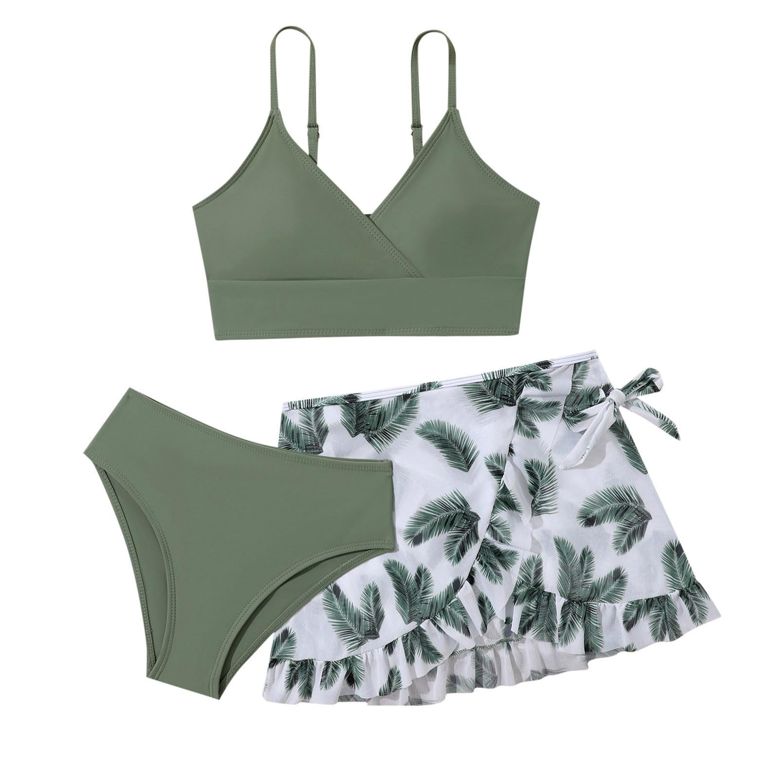 Cokbyavla Girls Swimsuit 3 Pcs,3 Piece Beach Pants Girls Swimsuit Skirts Teens Swimsuits 4T Bathing Suits for Girls Girls Swimsuit Tops Only Swimsuit Plus Size Girls(54Army Green,11-12 Years)