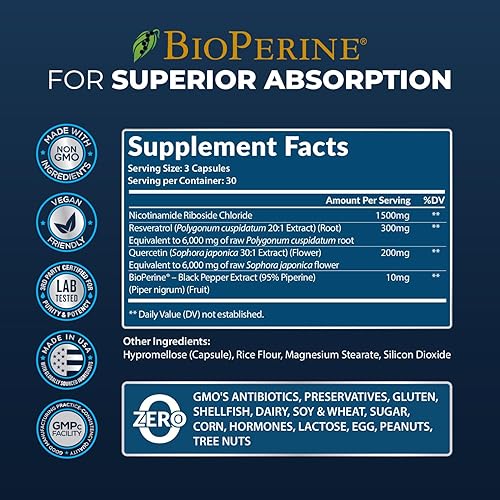 Miniatura 7 de Suplemento NAD+ de 13,510 mg, ribósido de nicotinamida, resveratrol, quercetina y bioperine (alta absorción), potenciador natural de NAD para