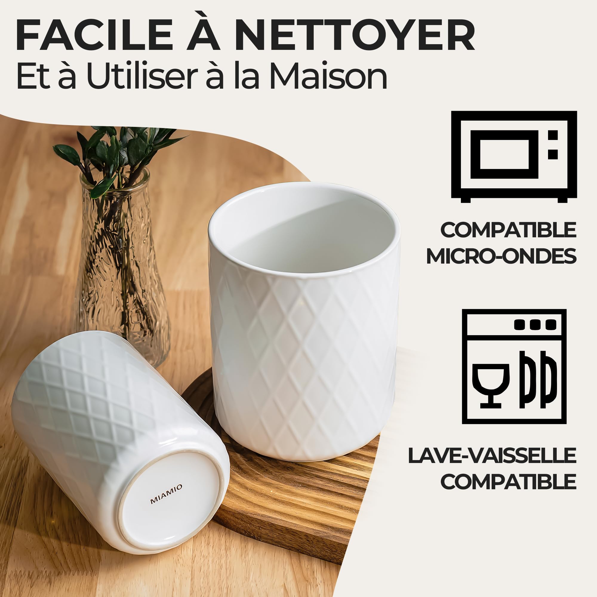 MIAMIO – Support d'Ustensiles de Cuisine en Céramique / Ensemble Organisateur de Cuisine, Décoration de Ferme pour l'Organisation du Comptoir et le Rangement des Couverts, Cuillères (Blanc)