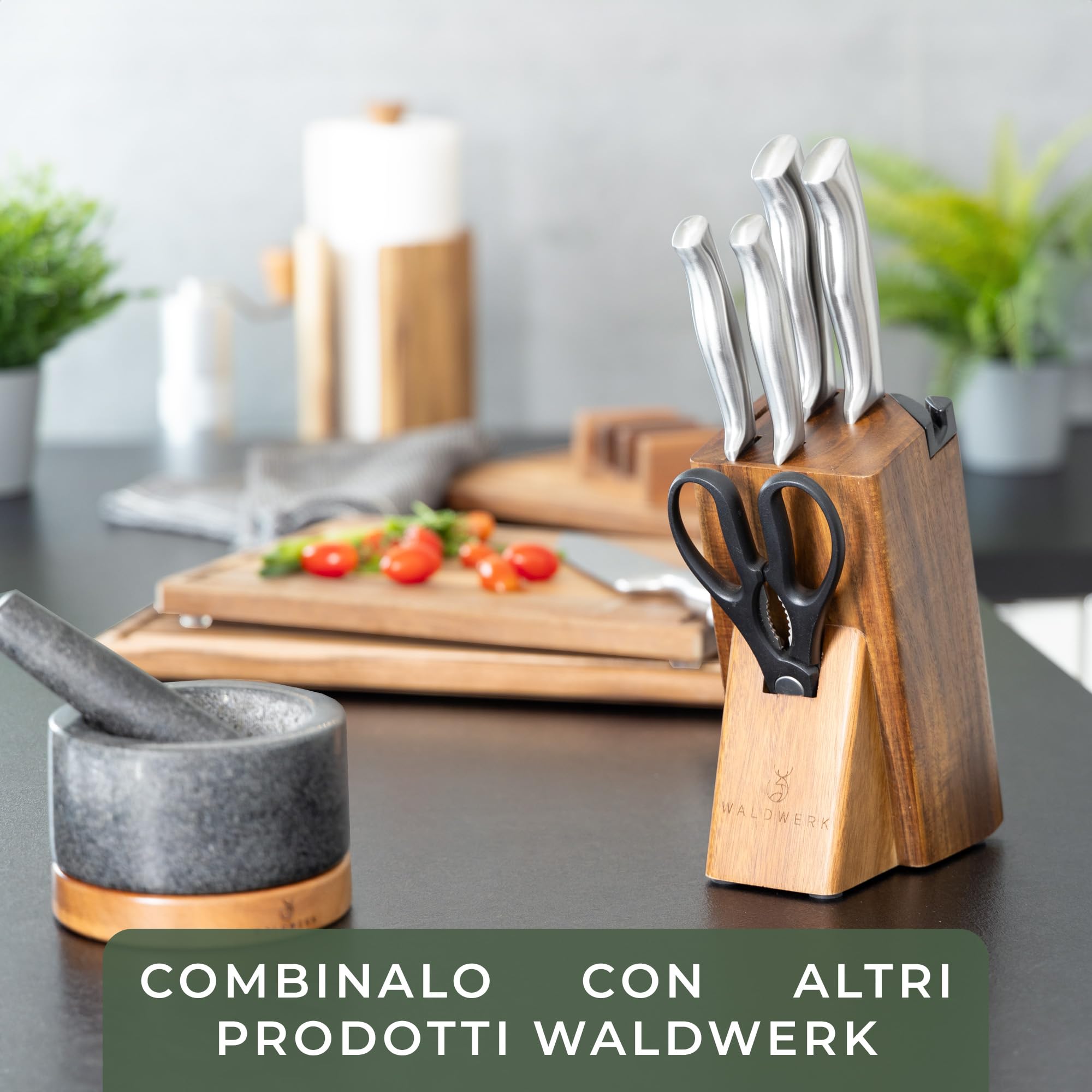 WALDWERK Blocco Coltelli - Set coltelli da cucina 7 pezzi con blocco porta coltelli e affilacoltelli integrato - ceppo coltelli da cucina - set coltelli da cucina professionali