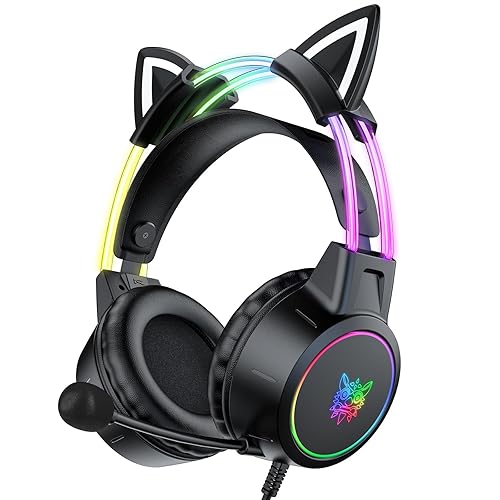 ONITOON Lightweight Gaming Headset,Removable Cat Ears, Gradient RGB Light, Wired Headphoe for PC/Mac/PS4/PS5/Xbox One/Switch/Phone, Virtual Surround Sound, Noise Cancelling Mic - Black