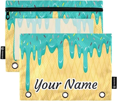 Personalized Binder Pouches Blue Turquoise Glaze Sprinkles Waffle Custom Pencil Pouch for 3 Ring Binder 2 Pack Clear Pencil Bag with Zipper for Office School Supplies
