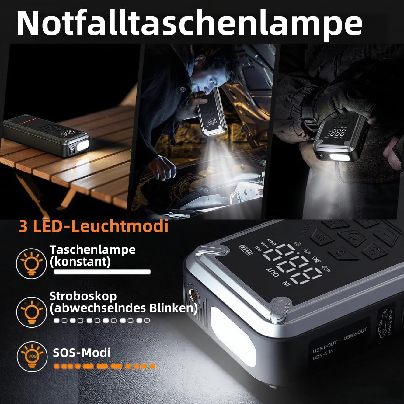 Auto Starthilfe Powerbank für Pkw, 21800mAh 7000A Starthilfe für Alle Benzin und 12,0L Diesel, Starter Powerbank mit 150PSI Kompressor, Eingang/Ausgang und 800LUM LED-Licht