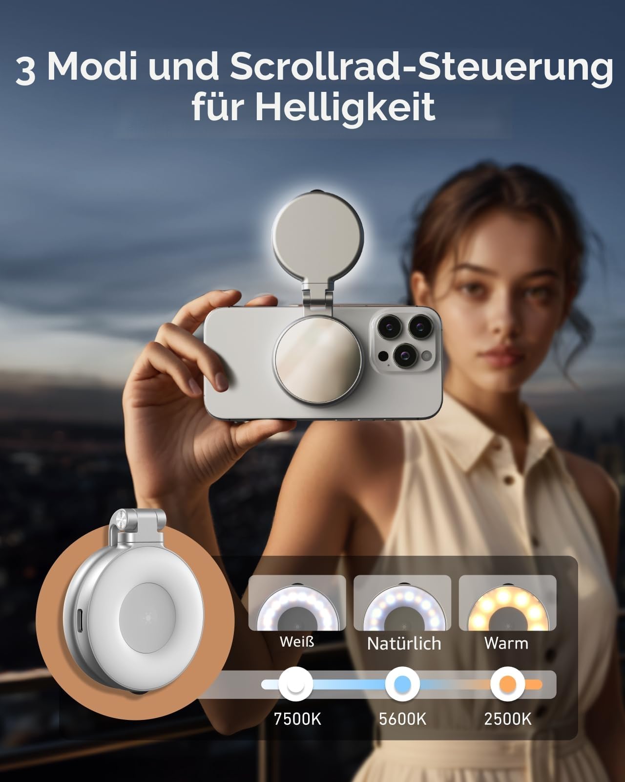 TELESIN C03 Magnetische Selfie-Licht, 3-in-1 Magnetische Selfie Licht Kompatibel mit Magsafe, CRI97 360° LED Handy-Licht mit Spiegel für iPhone/Android, für Selfie/Fotografie/TikTok/Zoom Anrufe/Video