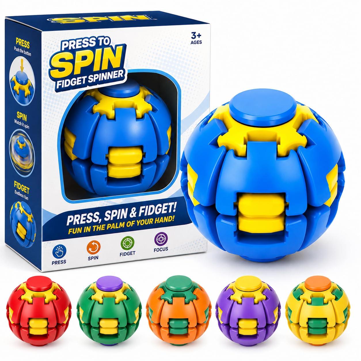 press to spin fidget ball, 360 degree rotating spinner toy for kids, fidget spinner for adults and teens, portable stress relief desk toy, multicolour, pack of 1