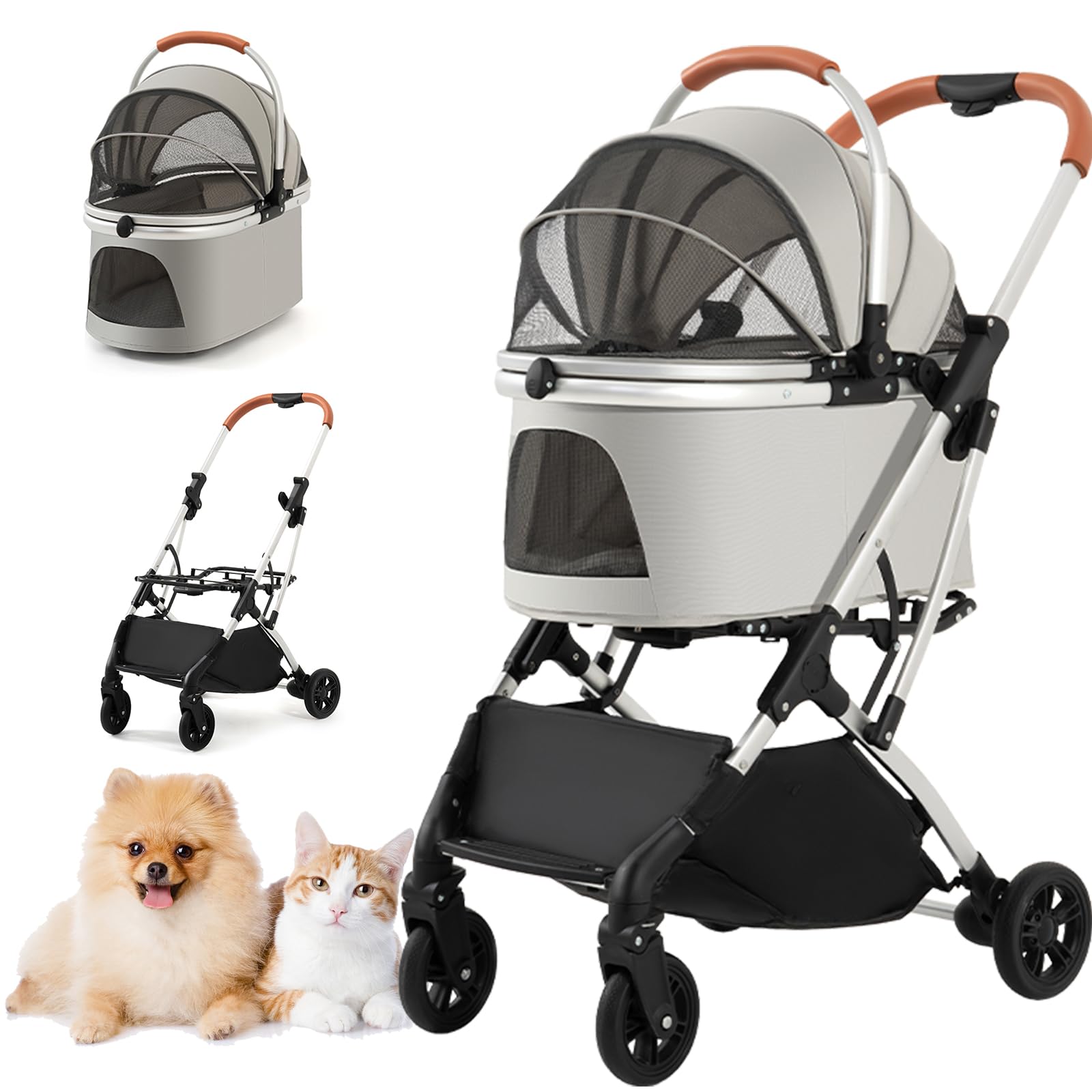 Pet Carrier Stroller 4 Wheels - Easy-Fold Dog Cat Stroller for Small Medium Dog Cats Carrier, Travel Folding Carrier Breathable and Visible Mesh with Cup Holder（Gray）