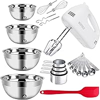 WEPSEN 5-Speed Electric Hand Mixer with 4 Nesting Stainless Steel Bowls, Beaters, Whisks, Measuring Cups & Spoons - Complete Baking Set