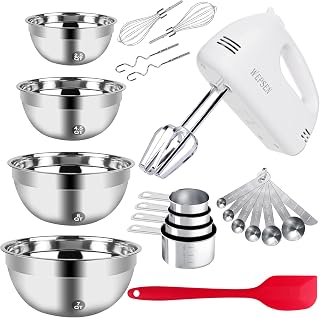 WEPSEN 5-Speed Handheld Electric Mixer with 4 Stainless Steel Nesting Bowls, Measuring Cups & Spoons - Complete Baking Kit