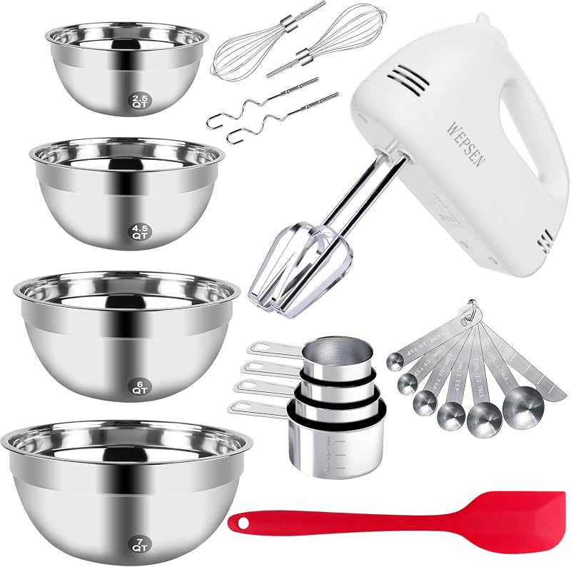 WEPSEN Batidora de mano eléctrica de 5 velocidades, juego de 4 tazones grandes para mezclar, batidoras de mano con batidor, tazón de metal de acero inoxidable, tazas medidoras, cucharas, licuadora de pasteles de cocina para suministros para hornear