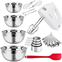 5-Speed Electric Hand Mixer, 4 Large Mixing Bowls Set, Handheld Mixers with Whisks Beater, Stainless Steel Metal Nesting Bowl Measuring Cups Spoons Kitchen Cake Blender for Baking Supplies