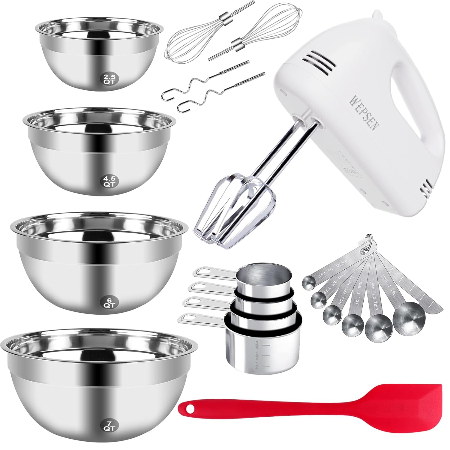 5-Speed Electric Hand Mixer 4 Large Mixing Bowls Set Handheld Mixers with Whisks Beater Stainless Steel Metal Nesting