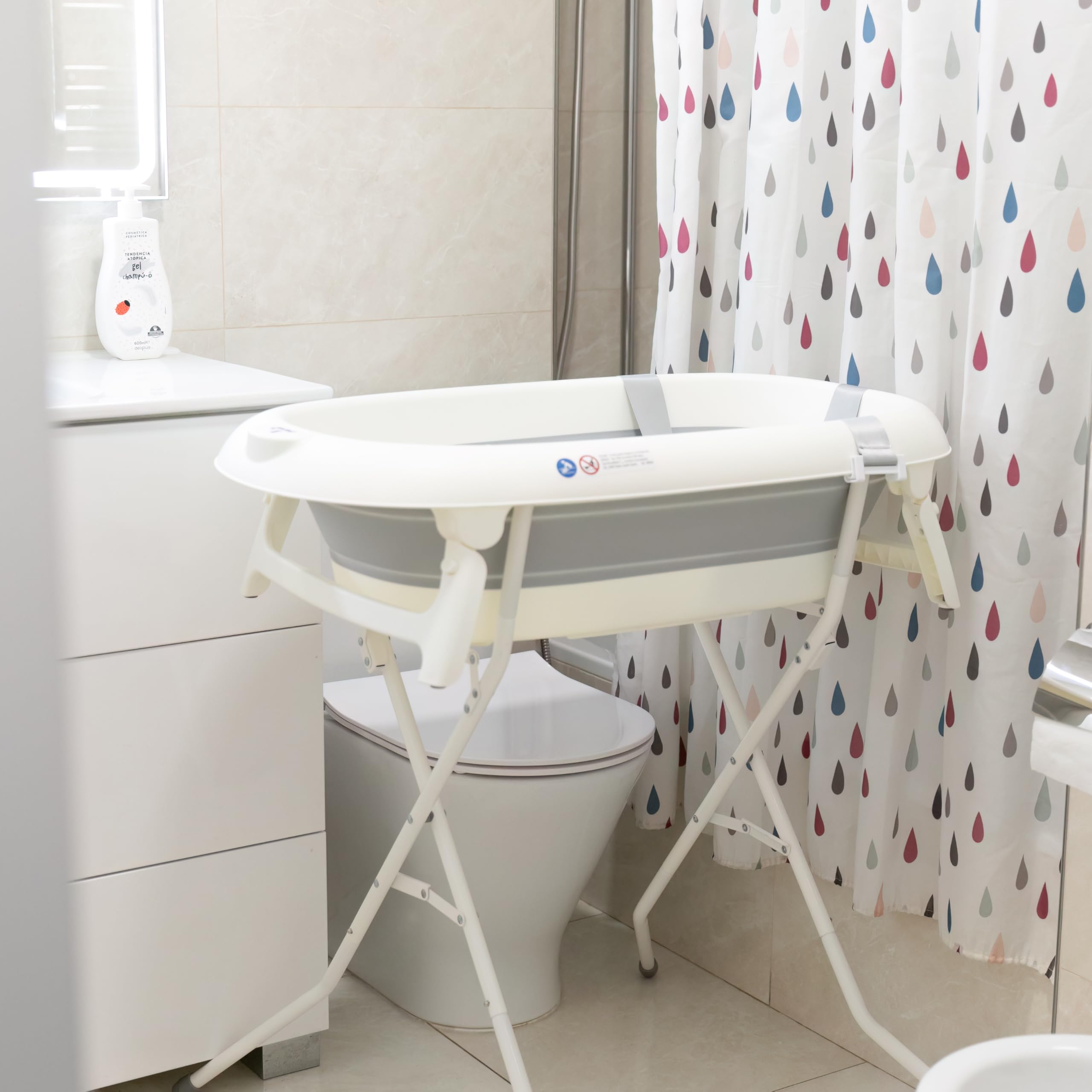 Toral Bañera Bebe con Patas y Cojín Comoda, Facil de Guardar, con Tapón y Patas Antideslizantes - Bañera Bebé Plegable Portatil - Asiento Bañera Bebe modelo Iris