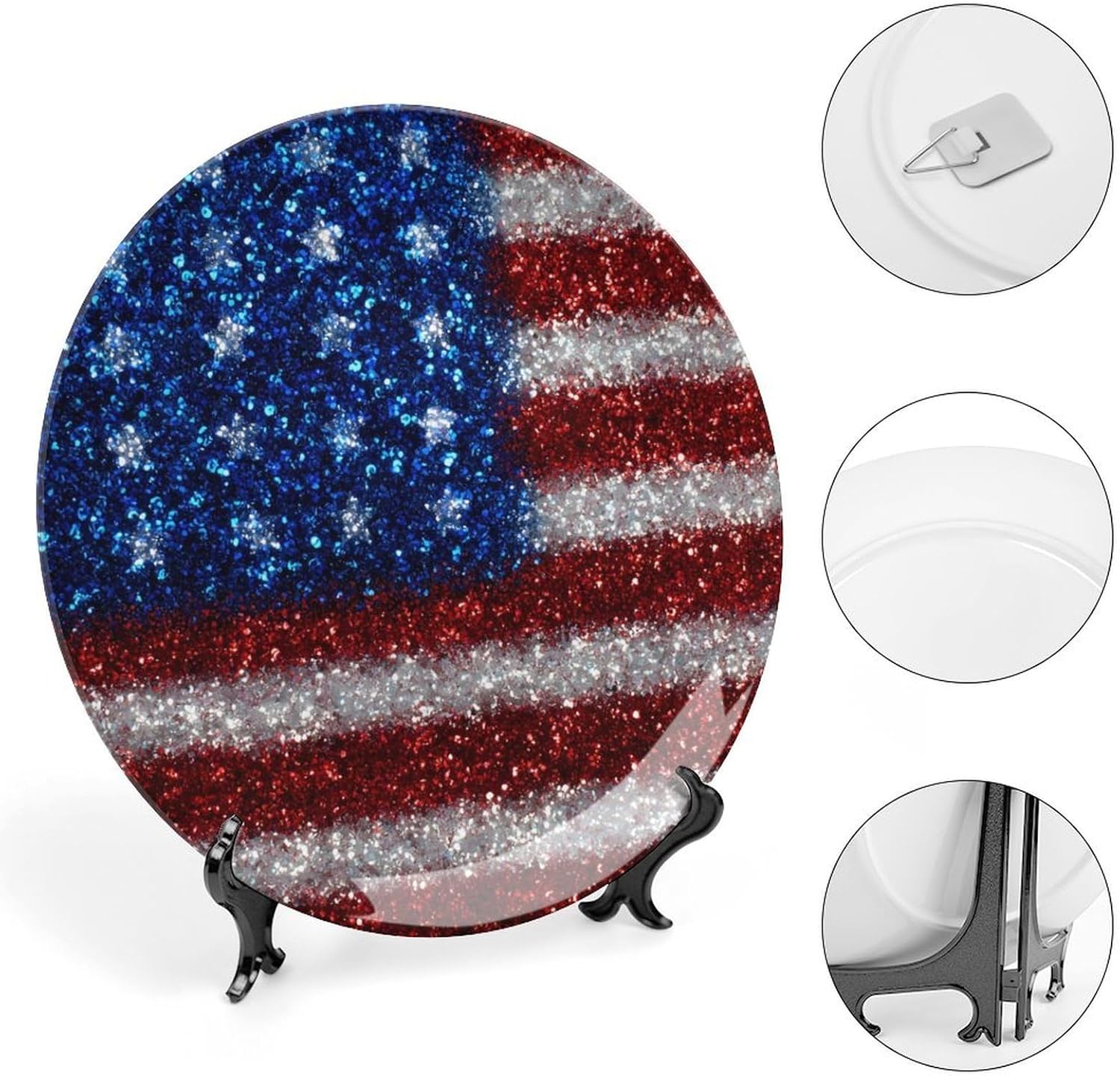 Sparkles Glitter U.S. Flag Novelty Decorative Plate with Display Stand Ceramic Ornament Hanging Wall Decor