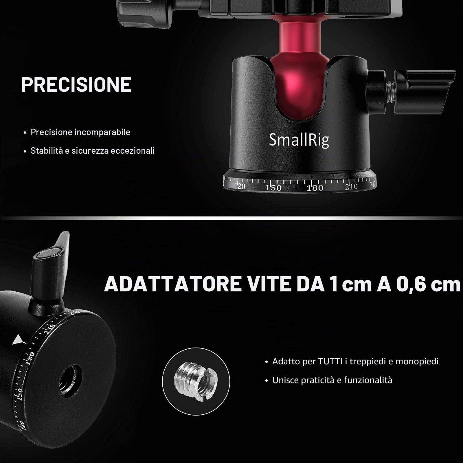 SMALLRIG Testa per Treppiede con Testa a Sfera Panoramica Ruotabile di 360°, Testa per Treppiede con Piastra a Sgancio Rapido Vite da 1/4'' per Treppiede, Monopiede, Fotocamere, DSLR 2665
