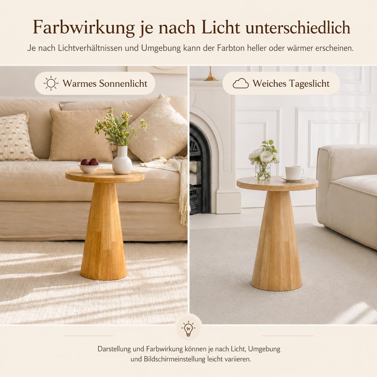 Beistelltisch Holz, Ø40xH51cm, Pilzform, Natur | Beistelltisch Holz, Beistelltisch modern, Sofatisch klein für Couch und Wohnzimmer, kompakt, auch als Nachttisch nutzbar