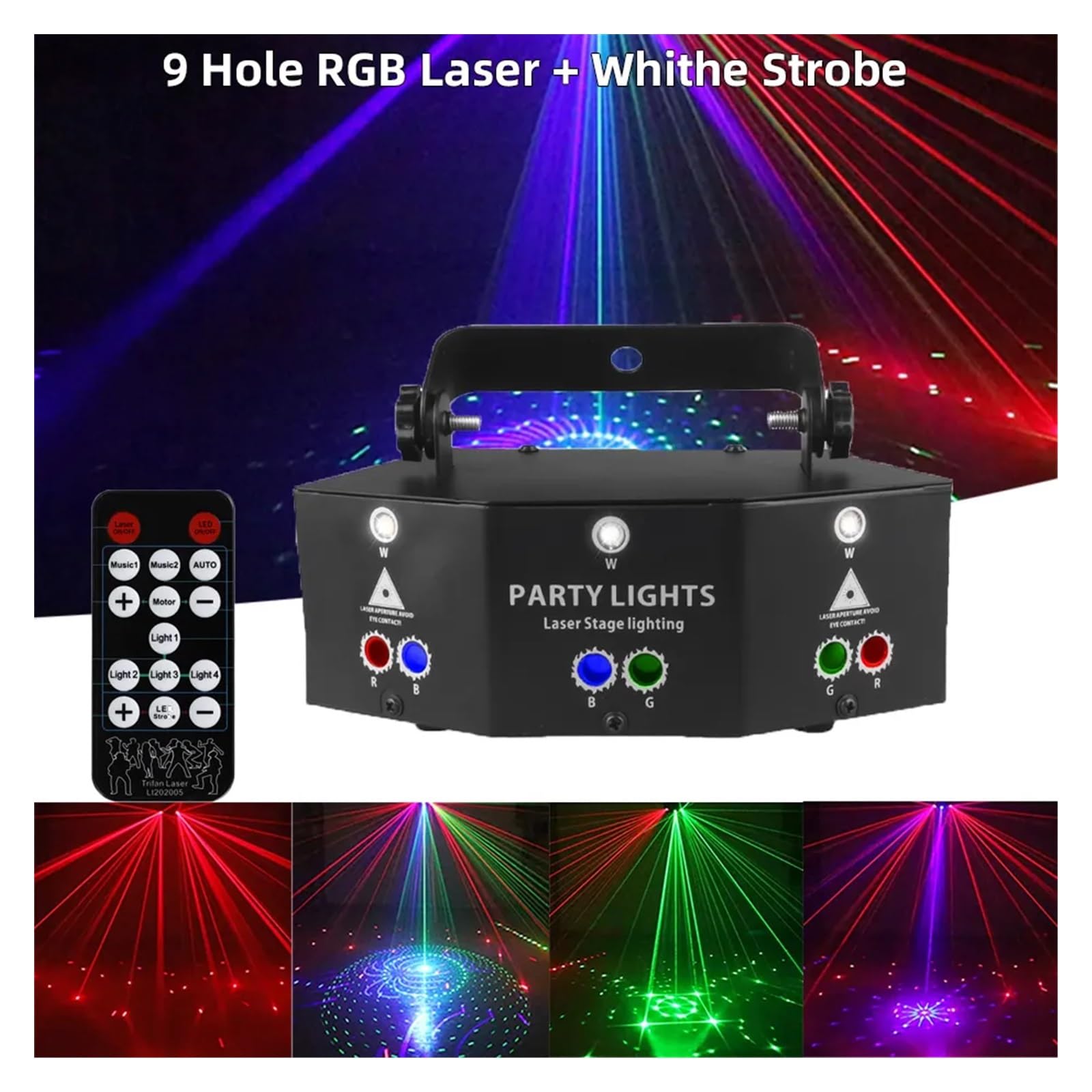 Bühnenbeleuchtung, 15 EYE RGB Disco DJ Beam Lichtprojektor Remote Strobe Bühnenbeleuchtung Effekt Weihnachtsfeier Urlaub Halloween Lichter(9 Hole RGB Laser)