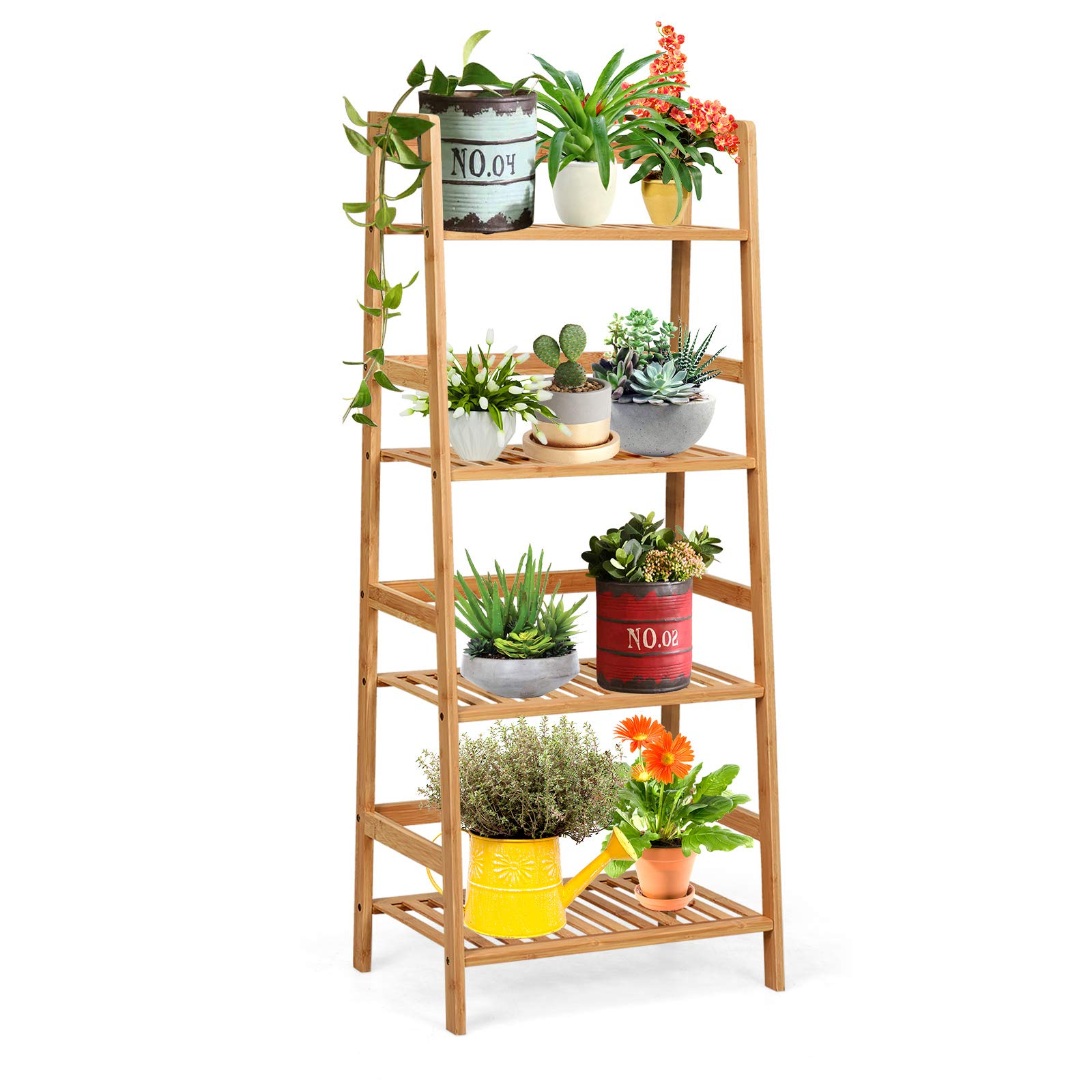 COSTWAY Scaffale per Piante in Bambù a 4 Ripiani, Scaffale Porta Vasi da Interno ed Esterno, Scaffale Portafiori per Balcone, Giardino e Cortile, 48 x 32 x 115 cm (Naturale)